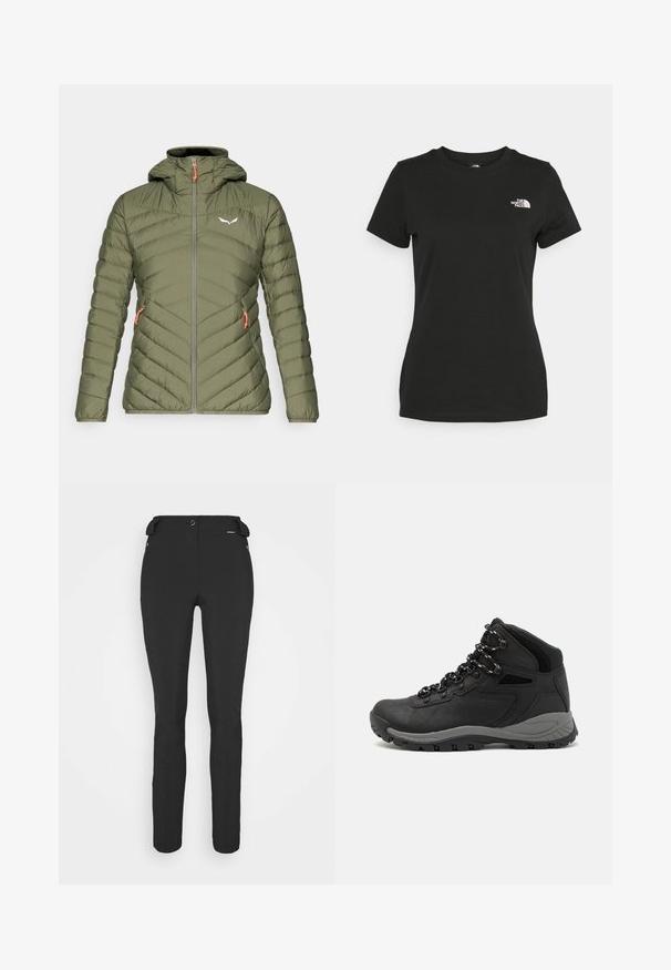 Jachetă albastru-olive, căptușită, cu glugă; prezintă cusături în formă de V, închidere cu fermoar frontal și capse portocalii. Logo pe piept.; Tricou din bumbac negru, cu guler rotund și mâneci scurte. Logo alb notabil în partea stângă sus. Textură netedă, croi casual.; Pantaloni negri, ajustați, confecționați dintr-un material flexibil. Caracteristici includ un buzunar cu fermoar pe lateral, genunchi articulați și o textură netedă.; Botă de drumeție neagră cu un design mediu, având un material texturat, accente gri și o talpă din cauciuc durabilă cu crampoane pentru aderență.