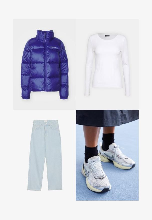 Puffjakke i livlig blå farve med høj krave, frontlynlås og quiltet design med vandret syninger. Brandlogo på brystet.; Hvid ribbet langærmet trøje med rund halsudskæring. Fremstillet af et strækstof, der sidder tæt til kroppen. Har subtile horisontale linjer.; Lysblå vidde jeans lavet af denim, med mid-rise talje, fem lommer og en knaplukning med en slank metalaccent.; Hvide og sølv Nike sneakers med mesh-stof, reflekterende detaljer og en beige sål. Bæres med sorte sokker og står på en blå overflade.