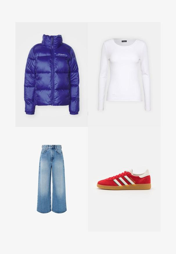 Giubbotto imbottito di un blu vivace, dotato di colletto alto, zip frontale e design trapuntato con cuciture orizzontali. Logo del marchio sul petto.; Top a maniche lunghe bianco con collo rotondo. Realizzato in un tessuto elasticizzato che si adatta al corpo. Presenta delle sottili righe orizzontali.; Jeans a gamba larga di colore azzurro chiaro in denim, con vita alta, chiusura con bottone e leggera scoloritura con orli puliti.; adidas Originals HANDBALL SPEZIAL UNISEX - Sneakers basse - better scarlet/cloud white/green