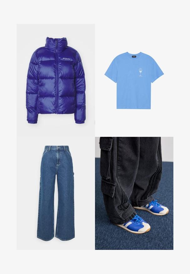 Tamsus puffer tipo švarkas ryškiai mėlynos spalvos, turintis aukštą apykaklę, priekinį užtrauktuką ir siuvinėtos konstrukcijos dizainą su horizontaliomis siūlėmis. Prekės ženklo logotipas ant krūtinės.; Šviesiai mėlyna medvilninė marškinėliai su apvaliu iškirpimu. Kairėje krūtinės pusėje pavaizduotas baltas palmės medžio grafikas ir tekstas. Trumpomis rankovėmis.; Plačios mėlynos džinsinės kelnes su aukštu juosmeniu, kontrastingais siūlais ir šoninėmis kišenėmis, turinčios klasikinį penkių kišenių dizainą ir brutalius kraštus.; Asmuo vilkintis laisvas juodas krovinių kelnes ir mėlynas bei baltas sportinius batus stovi ant tamsiai mėlynos kiliminės dangos.