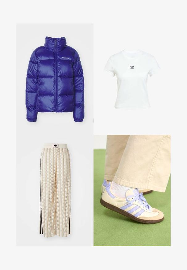 Puffjakke i livlig blå farve med høj krave, frontlynlås og quiltet design med vandret syninger. Brandlogo på brystet.; Hvid bomulds T-shirt med korteærmer og rund hals. Har et sort Adidas-logo trykt på brystet. Simpelt, minimalistisk design.; Cremefarvede bukser med vidde, der har et zigzag-mønster, med en sort logoelastik i taljen og sorte striber på siden. Letvægtigt, tekstureret stof.; Creme og lavendel sneakers med tre striber og en tekstureret brun sål, der har snørebånd og en polstret hæl. Blødt stof øvre.