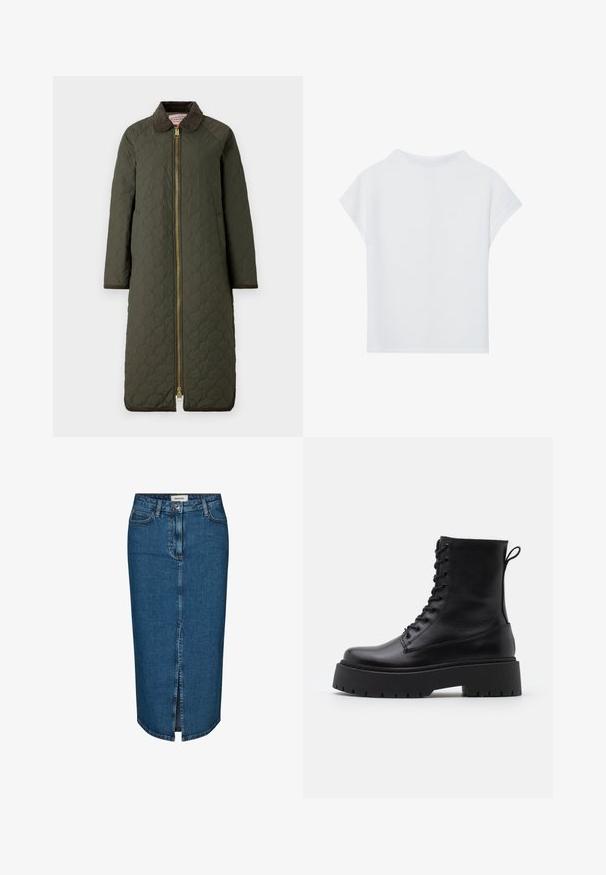 Hunter ORIGINAL FIONN - Geacă - dark olive; Top alb cu maneci scurte, cu un croi lejer, dintr-un material ușor și cu decolteu rotund. Vederea din spate arată un design simplu și neted.; Fustă tip creion din denim de culoare albastru închis, cu o fanta frontală, cinci buzunare și cusături contrastante. Talie medie cu un design clasic.; Botine din piele neagră, până la gleznă, cu vârful rotund, șireturi în față și o talpă groasă din cauciuc cu un model texturat. Fâșie de tragere la spate.