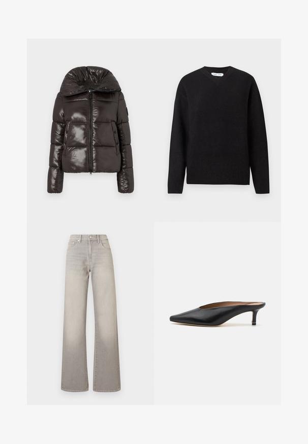 Skinner mørkebrun pufferjakke med høj krave, lynlås foran, to trykknaplommer og kviltet design på ærmerne og kroppen.; Sort v-hals sweater i en blød uldblanding med lange ærmer og ribkant ved manchetterne og nederste kant. En simpel, klassisk design uden mønstre eller detaljer.; Grå vide ben jeans med en falmet finish, knaplukning, fem-lomme design og syede detaljer langs sømmene.; Sorte lædermules med spidse tæer og lav, firkantet hæl. Glat tekstur med et slankt design. Åben bag med minimal udsmykning.