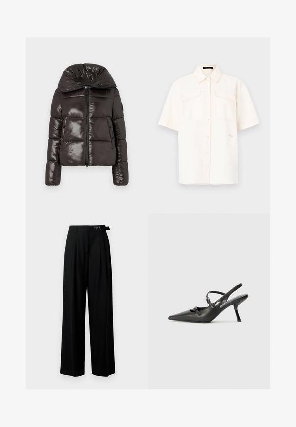 Blizganti tamsiai ruda pūkinė striukė su aukštu apykakle, priekiniais užtrauktukais, dviem spaudėmis kišenėmis ir siuvinėtų raštų dizainu ant rankovių ir kūno.; Trumpas rankovės, kreminės spalvos marškiniai, pagaminti iš lengvos medžiagos, su dviem priekinėmis kišenėmis, mygtukų užsegimu ir kontrastinėmis siūlėmis.; Juodos plačios kojų kelnės su aukštu liemeniu, priekinėmis klostėmis ir diržu su sagtimi. Pagamintos iš lygaus, lengvo audinio.; Juodi odiniai slingback kulniukai su smailiu pirštu, siauru kulnu ir dekoratyvine sagtimi viršuje. Lygus paviršius ir elegantiškas dizainas.