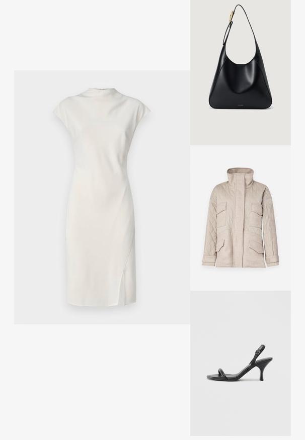 Casaco bege acolchoado com gola alta, quatro bolsos frontais e contraste de tecido texturizado. Dobra nos punhos adiciona detalhe.; Vestido branco, sem mangas, com um decote alto e uma fenda lateral. Textura suave, design ajustado e estilo minimalista.; Sandálias de salto alto em couro preto com um salto curvado e fino e um design de tiras cruzadas. Correia ajustável no tornozelo. Textura suave.; Bolsa de ombro em couro preto com uma textura suave, silhueta curvada e um detalhe em metal dourado. Apresenta logótipo da marca em relevo na base.
