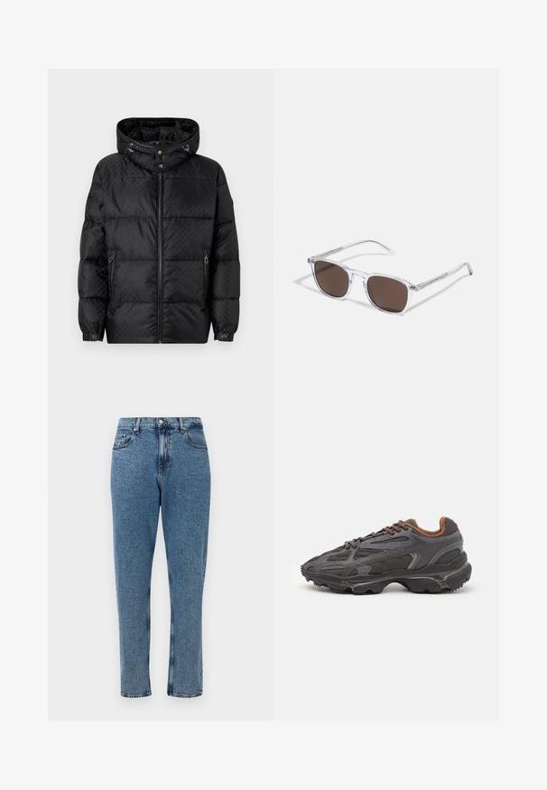 Black puffer jacket with a hood, quilted design, front zipper closure, and side pockets. Features silver-tone hardware and elastic cuffs.; Two black cotton t-shirts with short sleeves and crew necks. Both feature a red brand label at the neckline. Simple, classic design.; Light blue denim jeans with a straight leg design, five pockets, a button fly, and subtle whiskering on the fabric's surface.; Lacoste sneakers in dark gray with mesh and synthetic material, featuring a textured sole and brown accents on the collar and branding.; Clear plastic sunglasses with rectangular brown lenses, featuring thin, transparent arms and metal accents on the temples.