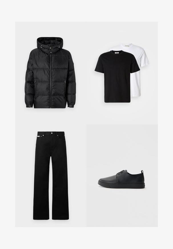 Sort puffjakke med hætte, quiltet design, frontlynlås og sidelommer. Har sølvfarvet hardware og elastiske manchetter.; To enkle bomulds T-shirts, en sort placeret foran en hvid, begge med korte ærmer og rund halsudskæring.; Sorte denimbukser med bred ben-design, der har fem lommer og metallisk knapdetalje. Glat tekstur, uden synlige mønstre.; Sorte lædersneakers med en glat finish, rund tå, tonalt syning, snøring foran og en flad gummisål. Løkke ved hælen.