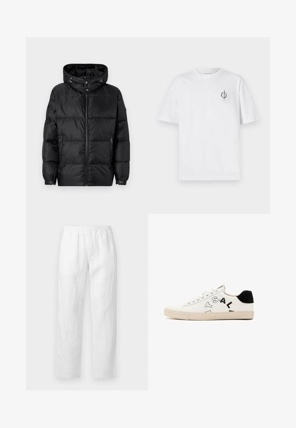 Giacca puffy nera con cappuccio, design trapuntato, chiusura frontale con zip e tasche laterali. Presenta minuteria in tono argento e polsini elasticizzati.; T-shirt in cotone bianco con vestibilità rilassata, presenta un piccolo logo grafico nero nella zona sinistra del petto. Maniche corte, collo a giro.; Pantaloni in lino bianco con vita elasticizzata, vestibilità a gamba dritta e tessuto morbido senza motivi o dettagli hardware visibili.; Sneaker in pelle bianca con accentuazioni nere sul tallone, caratterizzata da bold lettering nero sul lato e una suola in gomma. Design minimalista.