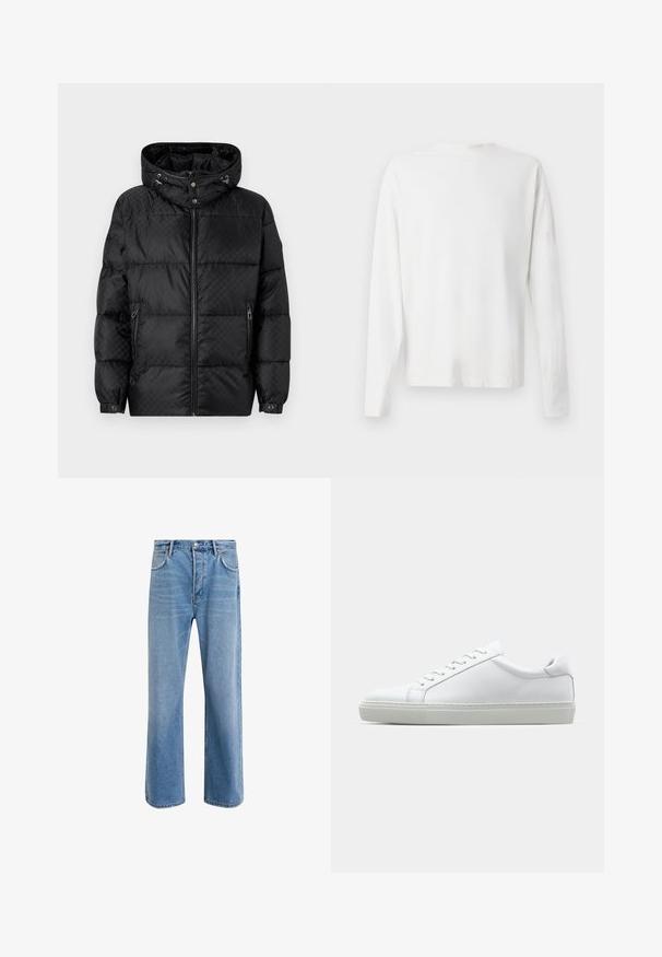 Sort puffjakke med hætte, quiltet design, frontlynlås og sidelommer. Har sølvfarvet hardware og elastiske manchetter.; Langærmet hvid bomulds skjorte med rund halsudskæring, sideslids i bunden og en glat overflade, vist bagfra.; Lyseblå denim jeans med lige ben-design, fem lommer, knaplukning, minimal falming og kontraststingdetaljer.; Hvide sneakers med en glat læderoverdel og lav profil. Har en rund tå, seks snørehuller og en tekstureret gummisål.