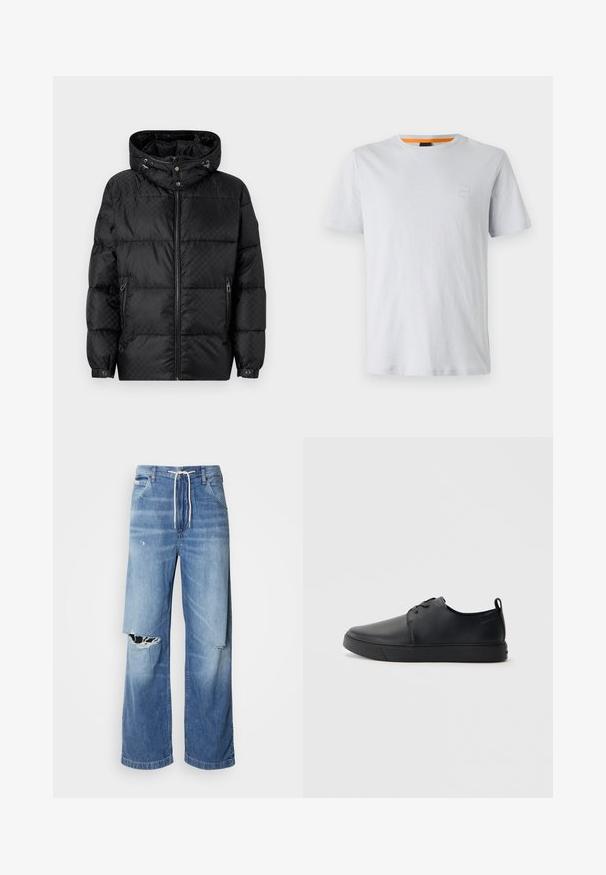 Črna puhovka s kapuco, prešita zasnova, zadrga spredaj in stranska žepa. Ima srebrni kovinski dodatki in elastične manšete.; Svetlo siva majica s kratkimi rokavi iz bombaža, z majhnim logotipom na prsih in kontrastno oranžno podrobnostjo na izrezu.; Svetlo modri kavbojke z ohlapnim krojem, z belim vrvico na pasu in izrazitimi raztrganinami spredaj, ki kažejo na odrgnjene robove.; Črne usnjene športne čevlje z gladko površino, okroglo oblikovano nosilo, toniranim šivanjem, vezanjem spredaj in ravnim gumijastim podplatom. Zanko na peti.