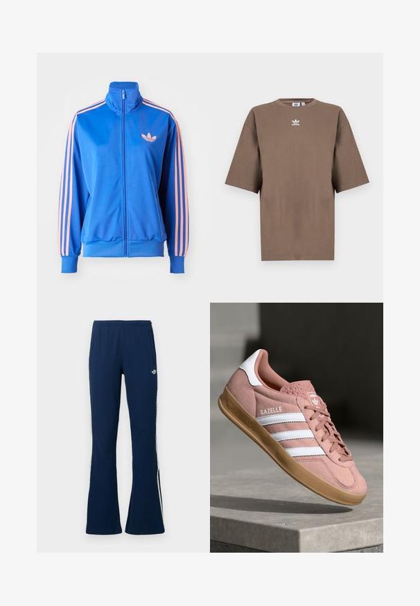 Casaco azul com fecho éclair, feito de um tecido suave e leve. Apresenta riscas cor-de-rosa ao longo das mangas e um pequeno logo rosa no peito.; T-shirt de algodão castanho com mangas curtas, decote redondo e logo branco da Adidas centrado no peitoral, apresentando um design simples e um corte descontraído.; Calças de fato de treino azul-marinho com canelado, boca alargada, riscas brancas laterais e logótipo bordado no lado esquerdo, com dois bolsos laterais.; Sapatilhas em camurça rosa com riscas brancas, sola de borracha, parte superior texturizada e logótipo na língua. Design clássico de cano baixo.