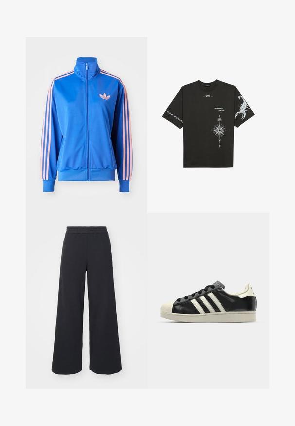 Blå jakke med glidelås laget av glatt, lett stoff. Har rosa striper langs ermene og en liten rosa logo på brystet.; Svart bomull T-skjorte med hvite grafiske trykk, inkludert en skorpion og abstrakte design. Korte ermer; rund hals.; Svart bukse med vid benvidde laget av myk stoff, med elastisk midjebånd og en liten logo på venstre side.; Svarte skinnsneakers med hvite striper, gummitopp, svarte lisser og en kremfarget såle. Glatt tekstur med blank finish.