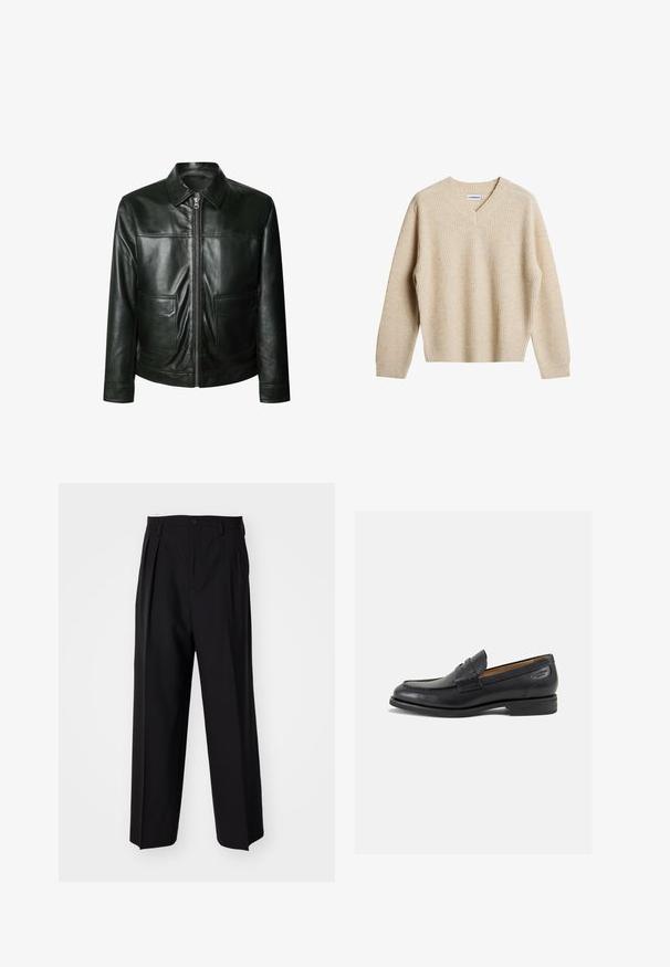 Černá kožená bunda s zipovým uzávěrem, dvěma předními kapsami a upraveným límcem. Hladká textura s viditelnými švy.; Beige pletený svetr s V-výstřihem a dlouhými rukávy. Má uvolněný střih a texturovanou tkaninu pro zvýšení tepla a pohodlí.; Bílé tričko s krátkým rukávem z bavlny, s kulatým výstřihem a volnějším střihem. Tkanina má hladkou a rovnoměrnou texturu.; Černé skládací kalhoty s rovnými, širokými nohavicemi. Vyrobené z hladké tkaniny, se zapínáním na knoflík a poutky na opasek.; Černé kožené mokasíny s hladkým povrchem, zaoblenou špičkou a dekorativním prošíváním na svršku. Nízký podpatka a mírný lesk.
