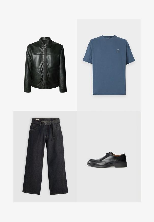 Juodas odinis švarkas su užtrauktuku, dviem priekinėmis kišenėmis ir pritaikytu apykakle. Lygus paviršius su matomomis siuvimo detalėmis.; Mėlynas medvilninis marškinėliai su klasikinėmis apvalia kaklo iškirpte, trumpomis rankovėmis, laisvu siluetu ir dviem mažais atspausdintais logotipais ant krūtinės. Lygi tekstūra.; Tamsaus džinsinio audinio plačių kojų kelnės su dirželiu juosmens srityje, turinčios priekinės kišenes ir kontrastingą siuvinėjimą. Sklandus paviršius su tvarkingu dizainu.; Juodų odinių batų su apvalia nosimi, lygiu paviršiumi, raišteliais ir žemu, struktūrizuotu guminio pado padu. Aiškios linijos ir minimalus dizainas.