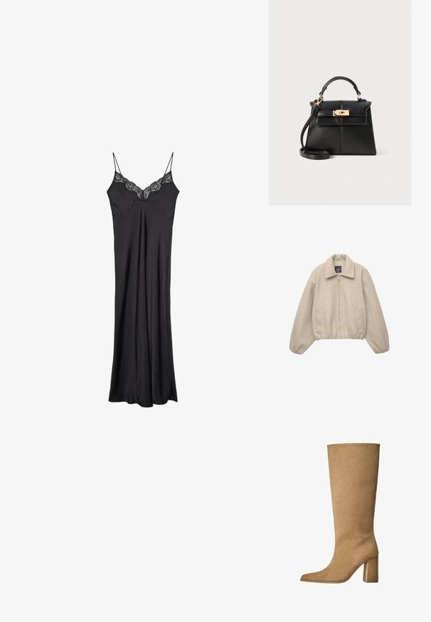 Beige zkrácená bunda se zipovým uzávěrem, širokým límcem a elastickými manžetami. Vyrobena z měkké tkaniny, se dvěma předními kapsami.; Černé saténové šaty na ramínka s nastavitelnými špagetovými popruhy a krajkovým lemem kolem výstřihu, s tekoucí a hladkou strukturou.; Tan semišové kozačky po kolena s blokovým podpatkem, s špičatou špičkou a hladkým povrchem. Minimalistický design bez zdobení.; Černá kožená kabelka se strukturovaným designem, horním držadlem, odnímatelným popruhem a zlatými detaily na magnetickém uzávěru.