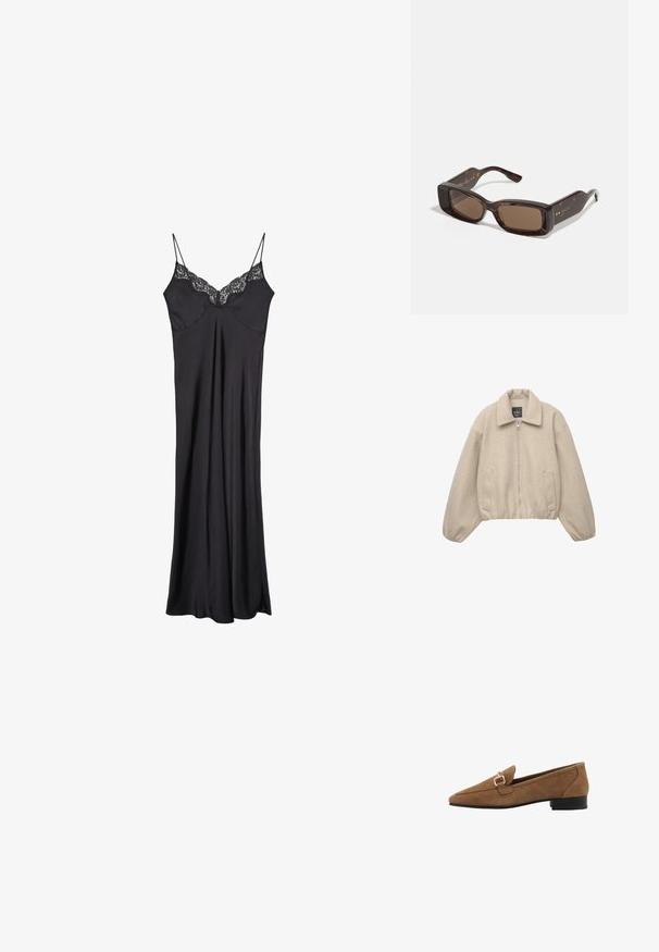 Beige lyhyt takki, jossa on vetoketju, leveä kaulus ja joustavat hihansuut. Valmistettu pehmeästä kankaasta, jossa on kaksi etutaskua.; Musta satiini liukupuku, jossa on säädettävät spagettiolkaimet ja pitsireunus kaula-aukossa, sekä virtaava ja sileä rakenne.; Ruskeat mokkasiinit, joissa on terävä kärki, kultainen solki ja matala musta korko. Yksinkertainen, sileä pinta, klassinen muotoilu.; Gucci aurinkolasit, joissa on suorakaiteen muotoiset ruskeat linssit, kilpikonnakuosiset asetaatin kehykset ja kultaiset logotempaimet.; Musta nahkainen käsilaukku, jossa on muotoiltu design, yläkahva, irrotettava olkaimet ja kultasävyiset yksityiskohdat magneettisessa suljinnassa.