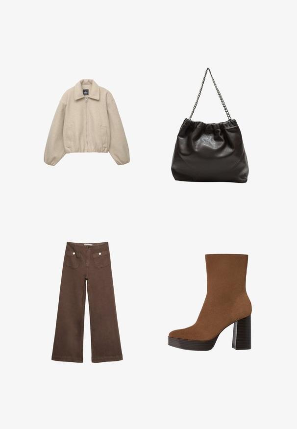 Beige zkrácená bunda se zipovým uzávěrem, širokým límcem a elastickými manžetami. Vyrobena z měkké tkaniny, se dvěma předními kapsami.; Hnědé tričko s krátkým rukávem vyrobené z měkké látky, s kulatým výstřihem a volným střihem. Bez viditelných vzorů nebo dekorací.; Hnědé široké kalhoty vyrobené z bavlny, s dvěma předními kapsami a stříbrnými knoflíky, s hladkou texturou.; Hnědé semišové kotníkové boty s kulatou špičkou, robustním černým pruhovaným podpatkem a hladkým povrchem. Mají přiléhavý design bez viditelného kování.; Hnědá kožená taška se sbíraným vrškem a řetízkovým popruhem. Hladký povrch s lesklým finišem a jemným švem na bocích.
