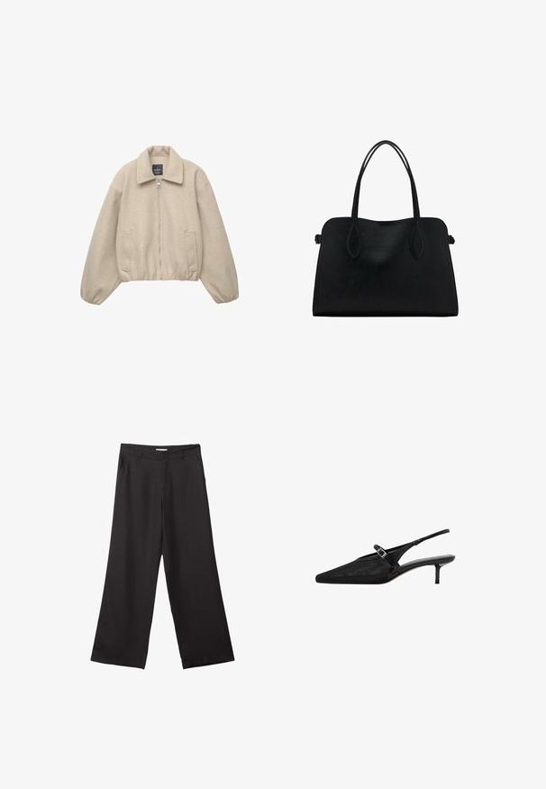 Giacca corta beige con chiusura a zip, ampio colletto e polsini elasticizzati. Realizzata in tessuto morbido con due tasche anteriori.; Maglietta a maniche corte marrone realizzata in tessuto morbido, con scollatura rotonda e vestibilità rilassata. Nessun motivo o dettaglio visibile.; Pantaloni neri a gamba larga realizzati in tessuto liscio, con zip frontale e due tasche laterali, dal taglio sartoriale e design minimalista.; Décolleté slingback neri con punta affusolata, parte superiore in rete testurizzata, sottile cinturino regolabile con fibbia argentata e tacco a stiletto di 5 cm.; Borsa a mano in pelle nera con doppio manico, forma rettangolare e design minimalista su sfondo bianco.