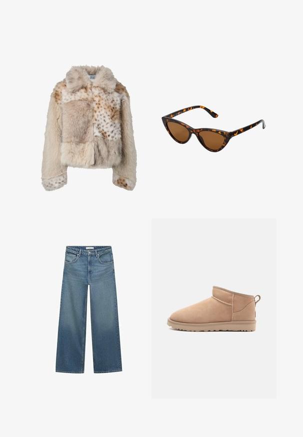 Beigen sävyinen tekoturkistakki, jossa erilaisia tekstuureja; sisältää tilkkutäkki-kuvion, kauluksen sekä pilkulliset yksityiskohdat hihoissa ja vartalossa.; Ruskea neulepaita, jossa on pyöreä pääntie, rosoiset olkapäät ja ribbireunat. Pehmeä rakenne, lyhyt malli ja löysä istuvuus.; Vaaleansiniset leveät farkut, jotka on valmistettu denimistä, keskikorkea vyötärö, kaksi etutaskua ja perinteiset ompeluyksityiskohdat.; Tan suede nilon kaki dengan ujung bulat, tekstur lembut, desain sederhana, dan sol karet profil rendah. Dilengkapi dengan tab tarik di belakang.; Kattöga solglasögon med en svart och orange sköldpaddsmönstrad båge, bruna linser och slanka, spetsiga spetsar. Har en minimal logotyp på skalmen.; Tummanruskea mokkanahkainen käsilaukku, jossa on jämäkkä muoto, varustettuna kahdella ylhäällä olevalla kahvalla ja irrotettavalla hihnalla, jossa on kultasävyinen solki.