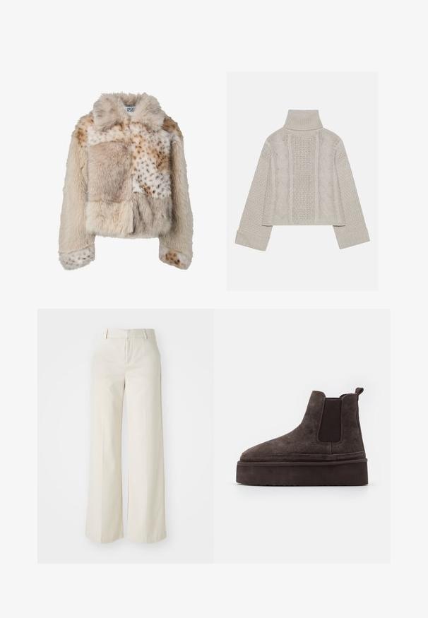 Casaco de pelo falso em tons bege com texturas variadas; apresenta design patchwork, gola e detalhes salpicados nas mangas e no corpo.; Suéter tricotado cinza claro, cortado, com gola alta e punhos canelados, apresentando padrões de cabos texturizados ao longo das costas e dos lados.; Calças largas numa cor bege clara, feitas de um tecido suave. Apresentam uma cintura clássica e parte da frente lisa com linhas limpas.; Botas Chelsea em suede castanho com painéis laterais elásticos e uma sola plataforma grossa e texturizada. Apresenta uma alça na parte de trás para facilitar o calce.