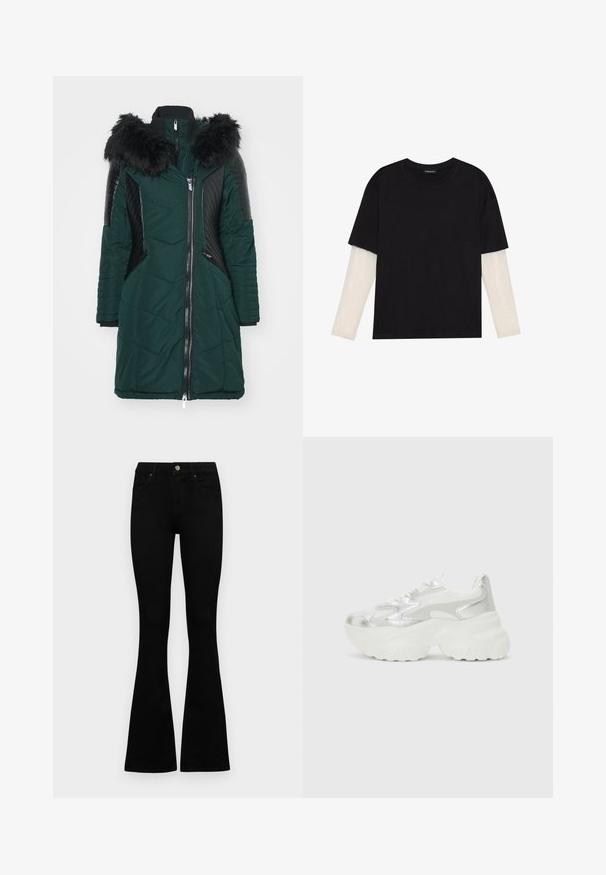 Garšs zaļš pūkains mētelis ar melnu mākslīgās kažokādas kapuci, quilted tekstūru, rāvējslēdzēja aizdari un melniem ādas akcentiem uz pleciem un sāniem.; Melna kokvilnas T-kreklu ar īsām piedurknēm, virs baltas garām piedurknēm ar smalku teksturētu rakstu. Apaļas kakla izgriezuma dizains.; Melni augsta jostas šorti ar pogu un rāvējslēdzēju, priekšējām kabatām un izplestām kājām, nolikti uz balta fona.; Sudraba sporta apavi ar teksturētu sieta virsmu un iridescentiem akcentiem, aprīkoti ar masīvu baltu zoli un saistēšanas aizdari.