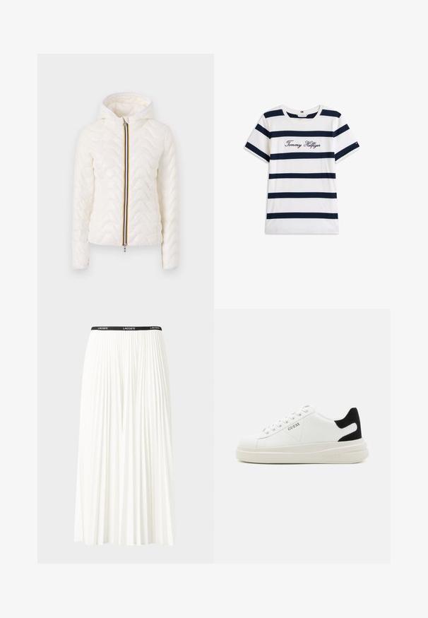 Hvit quiltet jakke med en tettsittende hette, med glidelås foran prydet med en flerfarget stripe og et teksturert bølgemønster gjennom hele jakken.; Koftet laget av bomull har horisontale marineblå striper på hvit bakgrunn. "Tommy Hilfiger" brodert i kursiv på brystet. Rund hals.; Plissert hvit skjørt med en svart elastisk midje som har "LACOSTE"-logoen. Midjelengde design med myk tekstur.; Hvite lær sneakers med tykk hvit såle, svart semsket hælforsterkning og preget logo på siden. Snøresystem med seks hull.