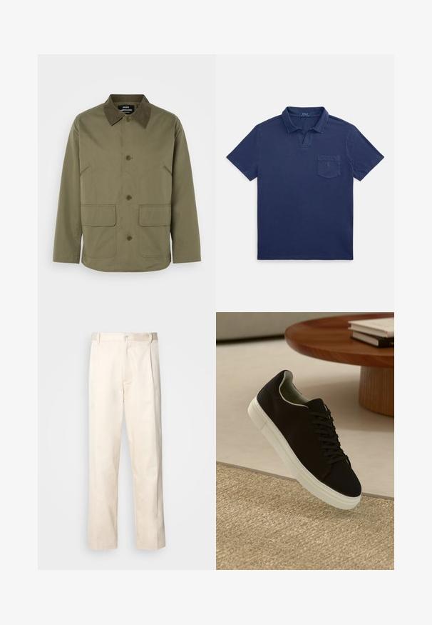 Oliven grønn jakke med en brun semsket krage, med to frontlommer og knappestolpe, laget av et slitesterkt stoff.; Marineblå poloshirt av bomull med oppbrettet krage, korte ermer og en brystlomme med en liten logodetalj.; Beige bomullsbukser med rett benfatt, med knappelukking og folder foran for ekstra detaljer.; Svart sneakers med hvit såle som svever over en beige teksturert teppe nær et rundt trebord med stablede bøker.