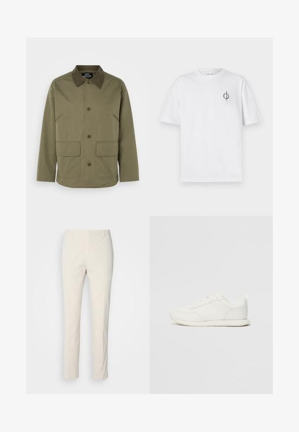Olive green jacket with a brown suede collar, featuring two front patch pockets and a button-up front, made from a durable fabric.; White cotton t-shirt with a relaxed fit, featuring a small black graphic logo on the left chest area. Short sleeves, crew neck style.; Cream-colored tailored pants with a textured fabric. Features a straight leg design, belt loops, and two front pockets. No patterns.; White sneaker with a mesh and synthetic upper, round toe, flat laces, and a textured side stripe. Rubber sole with a pull tab at the back.