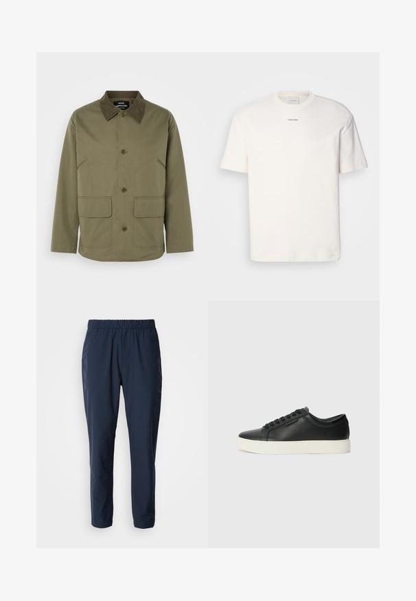Jachetă verde măsliniu cu guler din suede maro, având două buzunare frontale tip patch și un închidere cu butoane, fabricată dintr-un material durabil.; Tricou alb din bumbac, cu guler rotund, mâneci scurte și logo-ul brodat "Calvin Klein" la mijlocul pieptului. Design simplu.; Pantaloni ușori, de culoare albastru marin, cu talie elastică, picioare conice și două buzunare laterale. Fabricati dintr-un material neted și rezistent.; Adidași din piele neagră cu textură perforată, vârf rotund și talpă plată din cauciuc alb. Au șireturi negre și un logo subtil pe lateral.