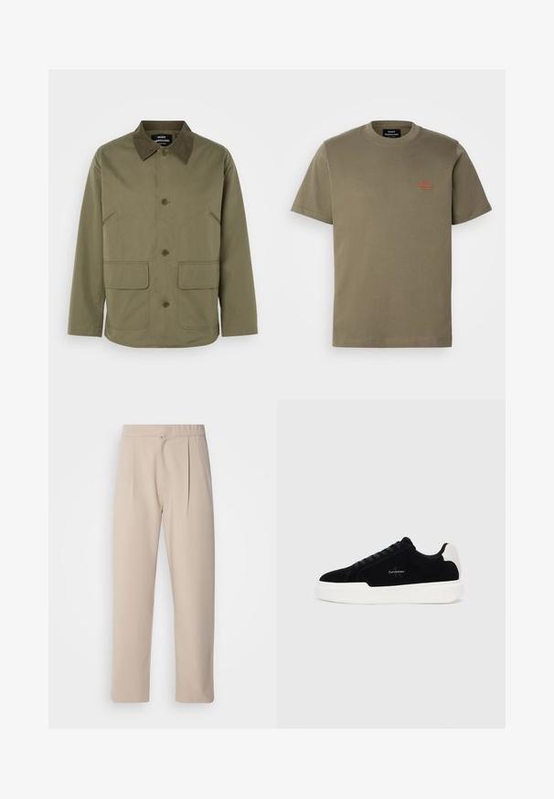 Giacca verde oliva con collo in suede marrone, dotata di due tasche anteriori a toppa e chiusura con bottoni, realizzata in un tessuto resistente.; T-shirt in cotone verde oliva con collo rotondo, maniche corte e un piccolo logo ricamato rosso sul lato sinistro del petto.; Pantaloni plissettati color beige realizzati in tessuto morbido. Presentano un elastico in vita, gambe dritte e una superficie liscia. Senza tasche né dettagli decorativi.; Sneaker nera bassa con suola e linguetta bianca, con lacci sulla parte anteriore e logo Calvin Klein sul lato.