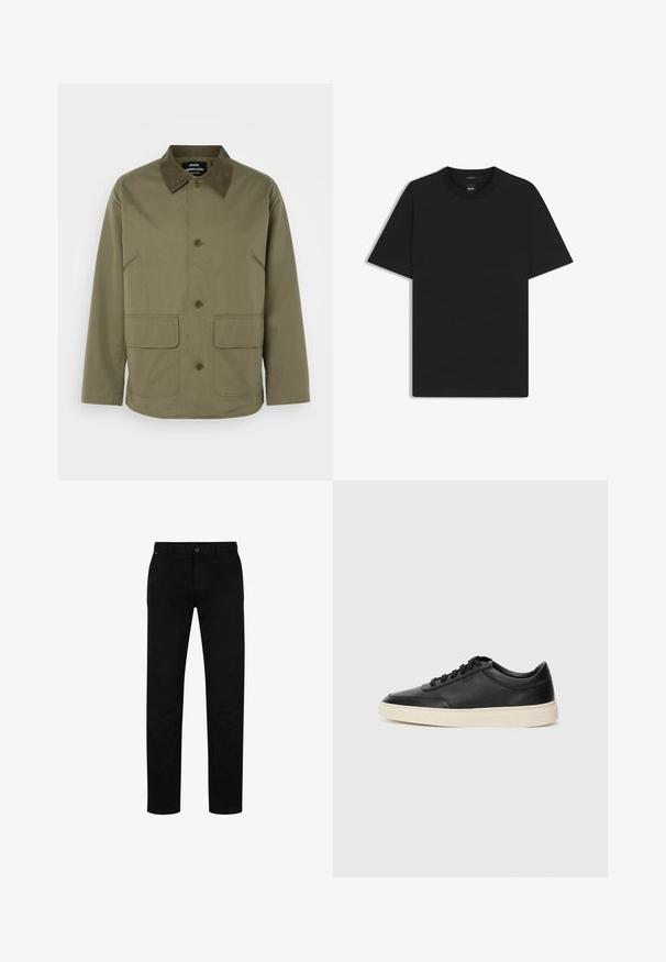 Olijfgroene jas met een bruine suède kraag, voorzien van twee voorzakken en een knoopsluiting aan de voorkant, gemaakt van een duurzame stof.; Zwarte korte mouwen T-shirt van een gladde katoenmix, met een ronde halslijn en een minimalistisch ontwerp zonder patronen of accenten.; Zwarte katoenen broek met een rechte pasvorm, voorzien van een knoopsluiting, riemlussen en een minimalistisch ontwerp. Glad van structuur, zonder patronen.; Zwarte leren sneaker met lage schacht, zwarte veters en off-white zool, weergegeven in zijprofiel op een witte achtergrond.