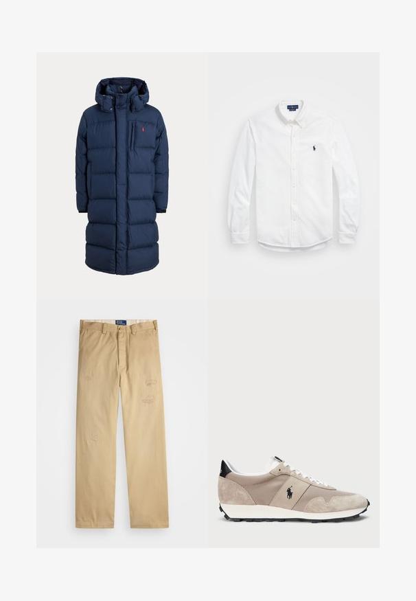 Tamsiai mėlyna pūkinė striukė su gaubtu, su užtrauktuku ir sagų užsegimu, siuvinėtu dizainu, krūtinės kišenėle ir raudonu logotipu viršutiniame kairiajame kampe.; Balta ilgomis rankovėmis marškiniai su apykakle, turintys mažą tamsiai mėlyną išsiuvinėtą logotipą. Medvilninė medžiaga su lygiu paviršiumi.; Braški medvilniniai kelnės su tiesiu kirpimu. Priekyje yra dėvėti priežiūros elementai ir siuvinėjimo detalės. Klasikinis mygtuko ir užtrauktuko uždarymas.; Bežiniai sportiniai batai su zomšiniu ir tinklelio viršumi, baltais raišteliais, juodais akcentais kulne ir tekstūruotu guminiu padu.