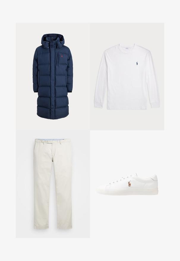 Casaco acolchoado azul marinho com capuz, apresenta fecho de correr e botões, design acolchoado, bolso no peito e detalhe do logótipo vermelho no lado superior esquerdo.; Camisola de manga longa branca feita de algodão. Apresenta um decote redondo, punhos canelados e um pequeno logótipo de polo azul-marinho no lado esquerdo do peito.; Chinos de algodão bege com frente plana, passantes para cinto e bolsos laterais. Design de perna reta com uma textura suave e uma sensação leve e respirável.; Sapatilhas de couro brancas, design de cano baixo, com textura suave, biqueira redonda, atacadores à frente e um pequeno logótipo bordado na lateral.