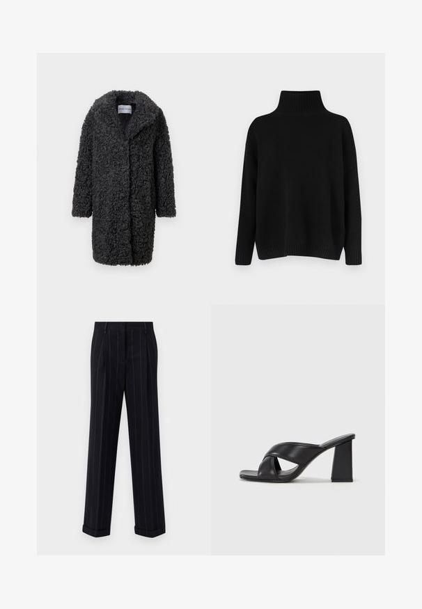 Fekete műszőrme kabát textúrált, göndör felülettel, hosszú ujjak, nyitott elülső rész és sálgallér. Nincsenek látható rögzítések vagy díszítések.; Fekete kötött pulóver magas bordázott gallérral, alacsony vállvonallal és laza szabással. Bordázott mandzsettákkal és szegéllyel rendelkezik a textúra érdekében.; Fekete csíkos nadrág, testre szabott fazonnal, cuffolt szegéllyel és elülső redőkkel. Sima anyagból készült, strukturált kialakítással.; MAX&Co. SOHO - Magas sarkú szandálok - schwarz