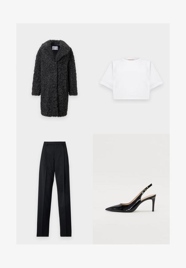 Svart fuskpälsjacka med en texturerad, lockig yta, långa ärmar, öppen framsida och sjalkrage. Ingen synlig knäppning eller dekoration.; Klippt vit t-shirt tillverkad av mjukt tyg, med korta ärmar, rund halsringning och ribbade kantdetaljer. Enkel och utan prål design.; Svarta byxor i mjukt tyg med hög midja, vida ben, framfickor och klassiska bältesöglor. Inga sidofickor synliga.; Svart patenterat läder slingback pumps med spetsig tå, smal klack och en subtil utskärning. Har en guldbuckle på remmen.