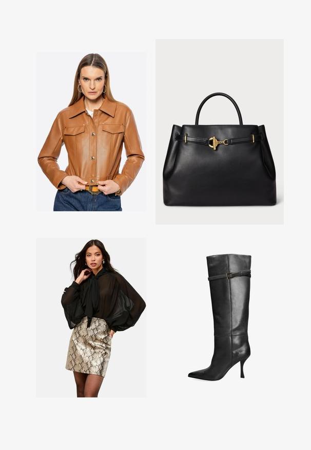 Veste courte en cuir marron avec bouton sur le devant, poches poitrine et col en pointe. Présente des coutures soignées et une texture lisse.; Pull en tricot marron foncé avec un col rond, des manches longues et des poignets côtelés. Texture douce et design légèrement raccourci. Pas de motifs visibles.; Blouse noire transparente avec un détail nœud et des manches longues, associée à une mini-jupe en serpent métallisé doré. Contraste de textures subtil.; Botte noire hauteur genou en cuir lisse. Présente un bout pointu, un talon fin et une sangle décorative avec une accent de boucle.; Sac à main en cuir noir au design structuré, doté d'une poignée supérieure, d'accents en métal doré et d'une sangle décorative sur le devant.