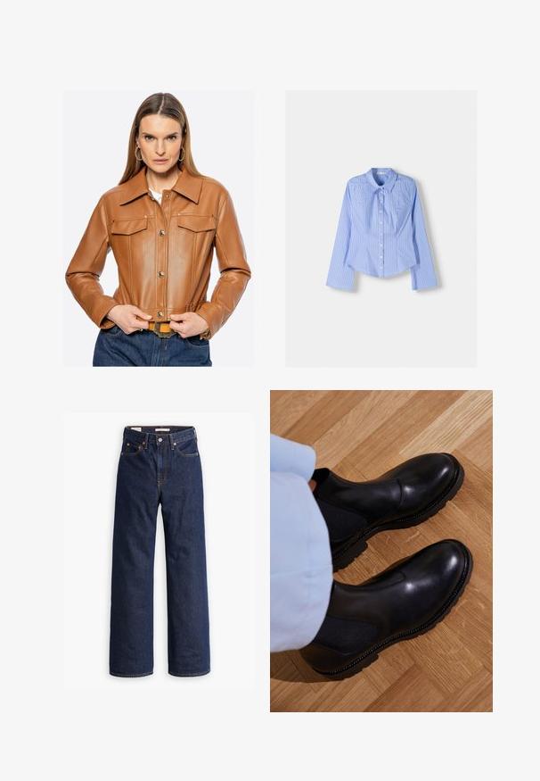 Hnědá kožená zkrácená bunda s knoflíkovou přední částí, náprsními kapsami a špičatým límcem. Má pečlivé švy a hladkou texturu.; Modrá a bílá pruhovaná košile s dlouhými rukávy, knoflíkovým zapínáním a rozšířeným límcem. Přizpůsobený střih a zakulacený lem. Texturovaný bavlněný materiál.; Tmavě modré džíny rovného střihu s pěti kapsami, oranžovým prošíváním a zapínáním na knoflík.; Černé kotníkové boty vyrobené z hladké kůže s elastickými bočními panely, texturovanou gumovou podrážkou a kontrastním prošíváním podél okraje.