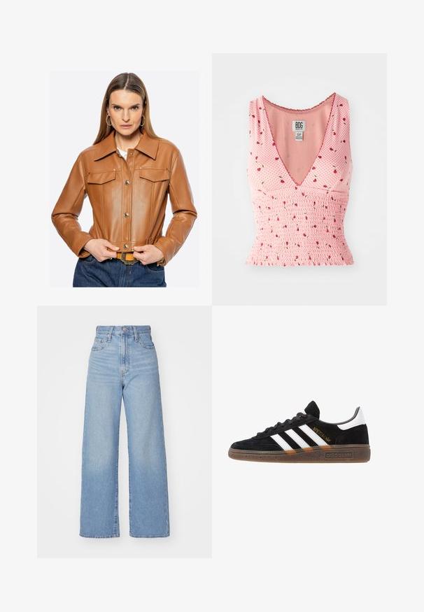 Brązowa skórzana krótka kurtka z zapięciem na guziki, kieszeniami na piersi i zakończonym kołnierzem. Charakteryzuje się starannym przeszyciem i gładką fakturą.; Różowa bezrękawnikowa bluzka z dekoltem w kształcie litery V, z marszczeniami i kwiecistym wzorem. Małe czerwone kwiaty rozmieszczone są na tle w groszki.; Jasnoniebieskie jeansy z wysokim stanem i szerokimi nogawkami, z zapięciem na guziki i zamek z przodu, przednie i tylne kieszenie, na białym tle.; Czarny sneaker Adidas z białymi paskami, złotym napisem "Spezial", gumową podeszwą i białym elementem przy pięcie, przedstawiony w widoku z profilu.