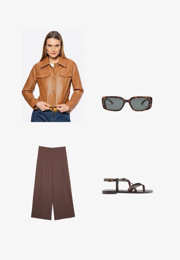Brązowa skórzana krótka kurtka z zapięciem na guziki, kieszeniami na piersi i zakończonym kołnierzem. Charakteryzuje się starannym przeszyciem i gładką fakturą.; Brązowa koszulka z krótkim rękawem, wykonana z miękkiego materiału, z okrągłym dekoltem i luźnym krojem. Brak widocznych wzorów lub akcentów.; Brązowe spodnie o szerokich nogawkach z gładką fakturą, z wysokim stanem i plisami z przodu. Materiał jest lekki i luźno opada.; Brązowe skórzane sandały z krzyżującymi się paskami, zapięciem na klamrę przy kostce oraz płaską podeszwą z minimalnymi detalami szycia.; Okulary przeciwsłoneczne w kratkę w kształcie prostokątnym, z grubymi oprawkami i ciemnymi szkłami. Gładka faktura i minimalistyczny design.