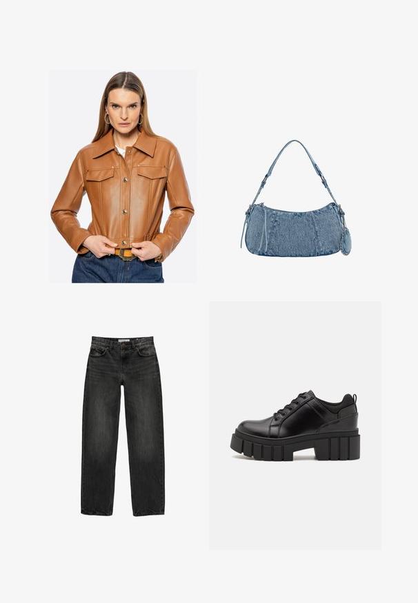 Bruine leren cropped jas met knoopsluiting, borstzakken en een spitse kraag. Heeft nette stiksels en een gladde textuur.; Zwarte katoenen t-shirt met korte mouwen, voorzien van een kleine roze vlinder graphic op de linkerkant van de borst. Crew neck ontwerp met een relaxte fit.; Zwarte denim jeans met een relaxte pasvorm, rechte pijpen, vijf-pocket ontwerp en een licht vervaagde textuur. Knop- en ritssluiting aan de voorkant.; Zwarte leren platform schoenen met een stevige blokhak, ronde neus en een traditionele vetersluiting. Kenmerkt zich door een gladde textuur en minimale details.; Denim handtas met een gebogen vorm, lichtblauwe kleur, verstelbare schouderriem en een kleine afneembare pouch met metallic accenten.