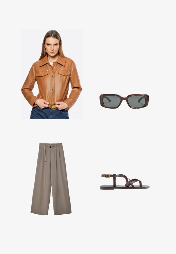 Veste courte en cuir marron avec bouton sur le devant, poches poitrine et col en pointe. Présente des coutures soignées et une texture lisse.; T-shirt blanc à manches courtes en coton. Doté d'un col ras du cou et d'une coupe décontractée. Texture lisse sans motifs ni accents visibles.; Pantalons évasés en tissu gris doux et muted, avec une taille ceinturée et des plis pour un détail de design supplémentaire. Texture lisse, sans motifs.; Sandale en cuir marron avec des brides entrecroisées, une fermeture à boucle à la cheville et une semelle plate avec des détails de couture minimaux.; Lunettes de soleil en écaille de tortue avec des verres rectangulaires, monture épaisse et verres teintés foncés. Texture lisse et design minimaliste.