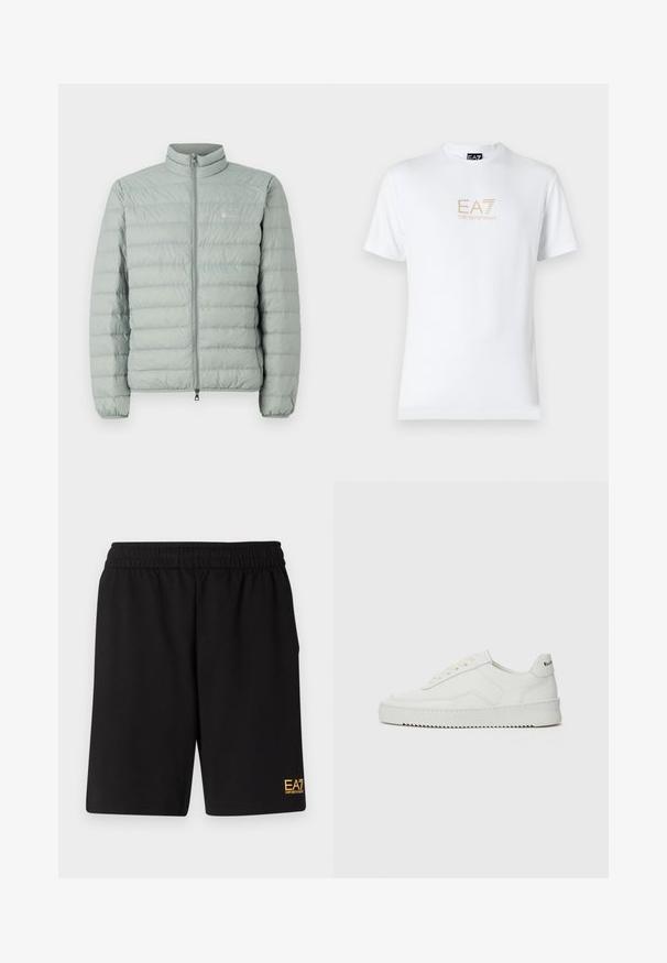 Gai zaļš pūkains mētelis ar augstu apkakli, ar rāvējslēdzēju un horizontālu kvadrātveida rakstu. Satur nelielu logotipu uz krūtīm.; Balta kokvilnas t-kreklā ar apaļu kakla izgriezumu un īsām piedurknēm, ar zeltītu EA7 Emporio Armani logotipu uz priekša.; Melnas sporta šortus, kas izgatavoti no mīksta auduma, ar elastīgu jostu un mazu dzeltenu EA7 logo zem kreisā kājas stūra.; Baltas ādas sneakers ar gludu virsmu, apaļu pirkstu daļu, plakaniem šņorēm un teksturētu zoli. Satur diskrētu logotipu uz papēža.