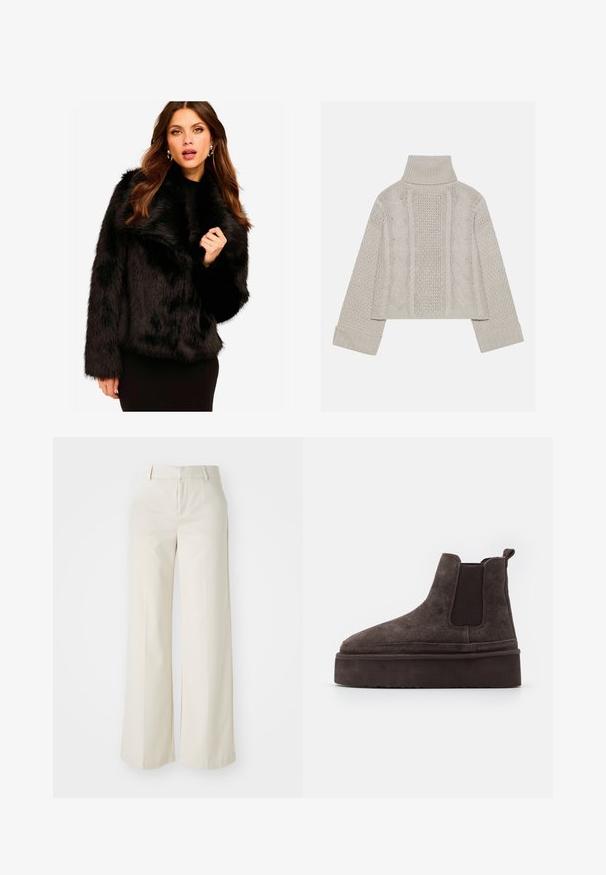 Črn umetni krzneni jopič z širokim ovratnikom, skrajšano silhueto in teksturirano površino. Ima dolge rokave in sproščen kroj.; Kratka, svetlo siva pletena pulover s visokim ovratnikom in rebrastimi manšetami, ki ima strukturne kabelske vzorce po hrbtu in straneh.; Široke hlače v svetlo bež barvi, izdelane iz gladkega materiala. Imajo klasičen pas in ravno sprednjo stran z čistimi linijami.; Rjave semiš Chelsea čizme z elastičnimi stranskimi paneli in debelim, teksturiranim platformnim podplatom. Imajo zanko na peti za lažje oblačenje.
