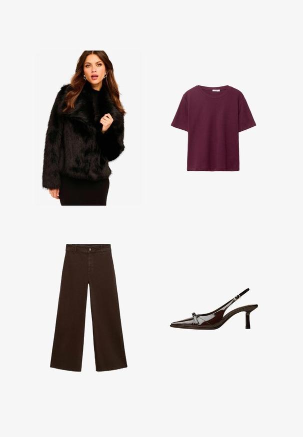 Giacca in pelliccia sintetica nera con ampio colletto, silhouette cropped e finitura texturizzata. Presenta maniche lunghe e una vestibilità morbida.; T-shirt bordeaux a maniche corte realizzato in morbido cotone. Presenta un classico scollo rotondo e una vestibilità rilassata. Tessuto semplice, senza motivi né accenti.; Pantaloni larghi marroni in misto cotone, caratterizzati da orlo sfrangiato, chiusura frontale con bottone e classico design a cinque tasche. Minimalisti e versatili.; Scarpa slingback in pelle verniciata marrone con punta appuntita, tacco basso e un accentuato fiocco decorativo nella parte anteriore. Texture liscia e lucente.