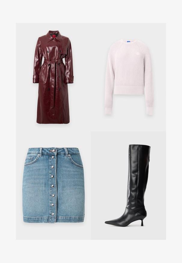 Trench-coat bordeaux brillant avec une taille ceinturée, un devant à double boutonnage, un large col et deux poches avant. Texture lisse et brillante.; Pull court rose clair avec texture côtelée, encolure ronde et manches longues. Présente un petit logo sur la poitrine.; Mini-jupe en denim bleu clair avec une fermeture à boutons argentés sur le devant, deux poches avant et un ourlet effiloché.; Botte en cuir noir hautes jusqu'au genou avec un bout pointu et un talon fin et courbé. Texture lisse, design ajusté, sans matériel ni motifs visibles.