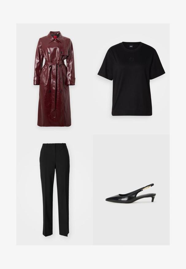 Viininpunainen kiiltävä trenssitakki, jossa on vyöllinen vyötärö, kaksirivinen etuosa, suuri kaulus ja kaksi etutaskua. Sileä, kiiltävä pinta.; Musta puuvillapaita, jossa on pyöreä kaula-aukko, lyhyet hihat ja brodeerattu logo rinnassa. Yksinkertainen, rento istuvuus ilman kuvioita.; Mustat räätälöidyt housut suoraa lahjetta, joissa on sileä pinta ja terävät taitteet edessä. Ei näkyvää metalliosaa.; Mustat nahkaiset slingback-korkokengät, joissa on terävä kärki, ohuet korot ja kultasävytteinen yksityiskohta säädettävässä hihnassa. Silkkinen pinta.