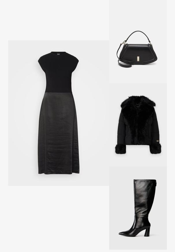 Chaqueta acolchada negra con un cuello y puños de pelaje sintético, con un acento de logo dorado y un cierre frontal con cremallera. Textura suave y diseño corto.; Vestido negro con un cuerpo ajustado y una falda fluida y sedosa. Mangas cortas, escote redondo, textura suave y diseño hasta los tobillos.; Bota de cuero negro hasta la rodilla con punta afilada, textura suave y un tacón grueso. Presenta un detalle de cremallera en la parte de atrás.; Bolso de mano de cuero negro con un diseño estructurado, que presenta una forma recortada, asa superior y acentos en dorado. Correa de hombro ajustable incluida.
