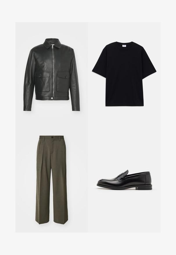 Bally Kožená bunda - black; Černé oversized tričko s krátkým rukávem, kulatým výstřihem a viditelnou značkou Filippa K uvnitř límce.; Filippa K WIDE TROUSERS - Kalhoty - driftwood; Černé kožené polobotky s hladkou texturou, zaoblenou špičkou a zdobným páskem přes nárt. Nízký stohovaný podpatek, minimalistický design.