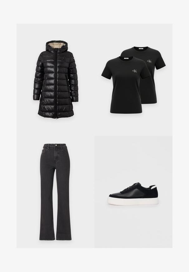 Crna puf jakna sa rajsferšlusom sprijeda, kapuljačom i dva bočna džepa. Izrađena od sjajnog materijala s kviltanim uzorkom i laganim dizajnom.; Dve crne kratke majice s okruglim izrezom i malim sivim logotipima "CK Calvin Klein" na lijevoj strani prsa, prikazane na bijeloj pozadini.; Crne traperice s visokim strukom i proširenim dnom, izrađene od denima, s kopčanjem na dugme, petljama za remen i bočnim džepovima. Glatka tekstura s minimalnim izblijedjenjem.; Crne tenisice s glatkom kožom i panelima od antilopa, ravne vezice, zaobljenim vrhom i bijelim gumeni potplat. Izraziti logo na peti.