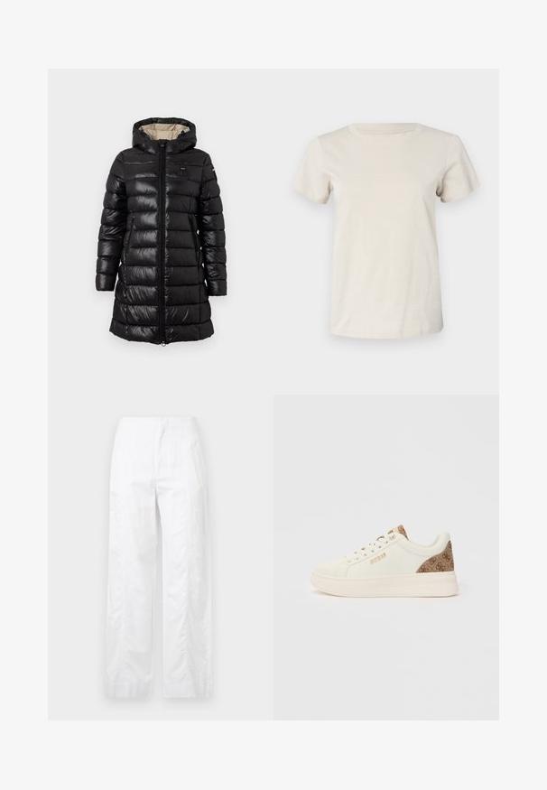 Geacă puffer neagră, cu fermoar în față, capșon și două buzunare laterale. Fabricată dintr-un material lucios, cu un model matlasat și un design ușor.; Tricou din bumbacă scurtă, de culoare bej deschis, cu mâneci scurte și decolteu rotund, având un detaliu discret pe partea frontală. Textură fină și croială relaxată.; Pantaloni albi cu croială largă, fabricați dintr-un material ușor, având o textură netedă, linii curate și un design cu talie înaltă.; Adidași albi cu vârful jos, cu toc și limbă cu model bej, logo-ul auriu "GUESS" pe lateral și șireturi albe, pe un fundal alb.